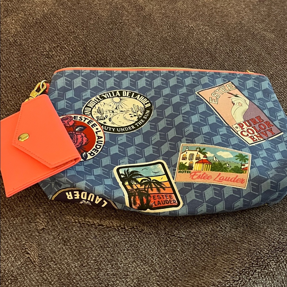 Estee Lauder Blue Geometric Cosmetic Bag with little purse